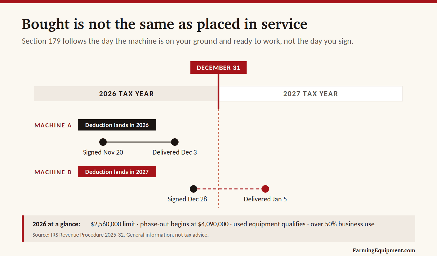 Section 179 used farm equipment timeline: a machine delivered by December 31 qualifies for 2026, while one signed December 28 and delivered January 5 falls into 2027.